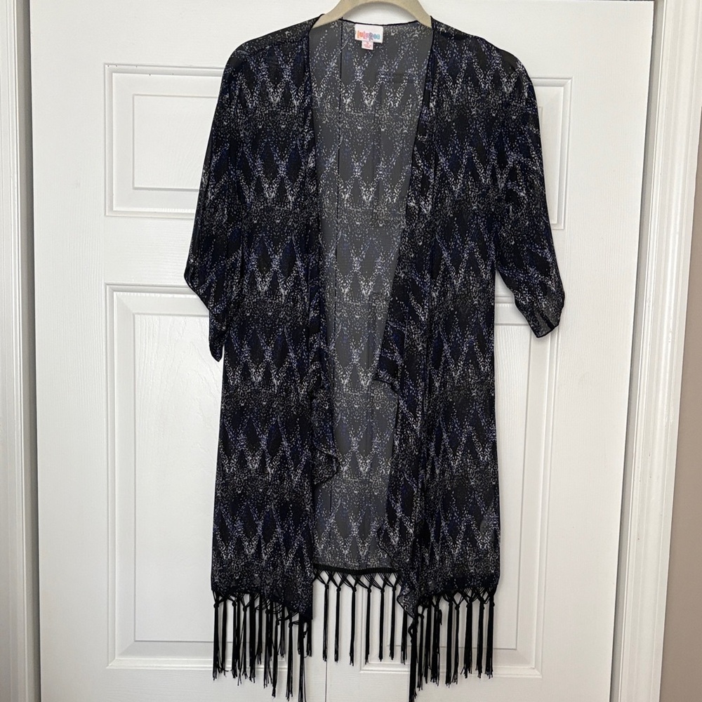 LuLaRoe Black and Blue fringe Kimono